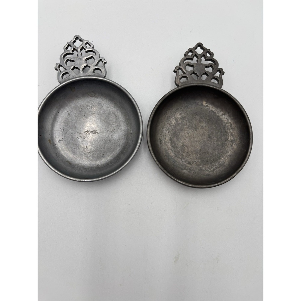 Pair Vintage STEDE Pewter Porringer Bowls Filigree Handles Horse Mark 7"